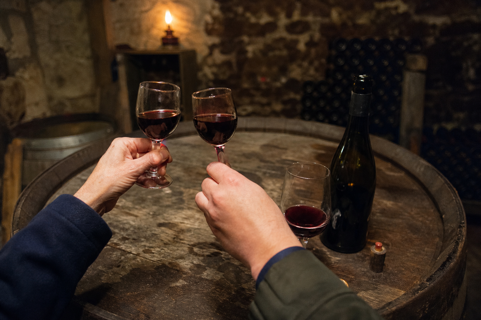 Two hands raising small glasses of red wine over a wooden barrel in a cellar